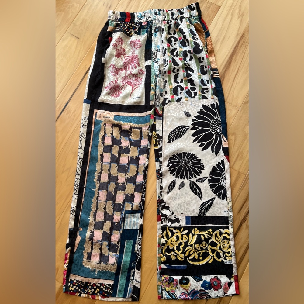 Zara Patchwork Print Wide Leg Trousers Womens Boho Floral Pants Size Large